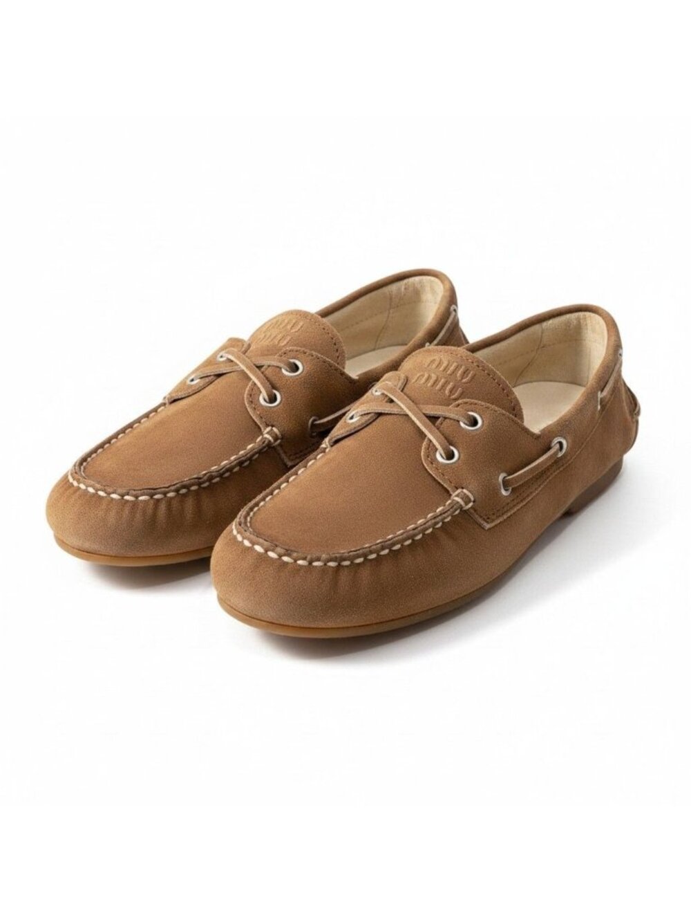 Miu Miu G7 Suede Loafers Deck Shoes Embossed Logo Brown Leather